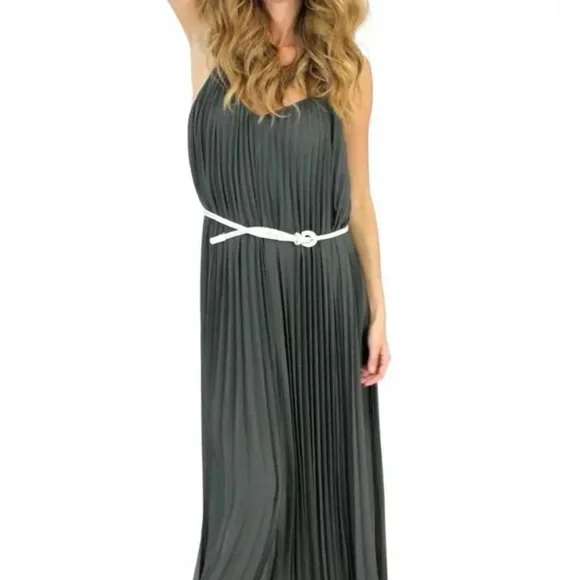 Halston Heritage Black Pleated Evening Gown Goddess Maxi Dress Size 2 - Picture 4 of 15